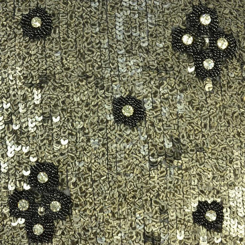 Black and Gold Floral Sequins Pattern Silk Georgette