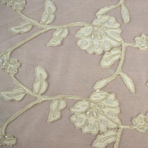 White Floral Pattern with Gold Accents Lace Fabric