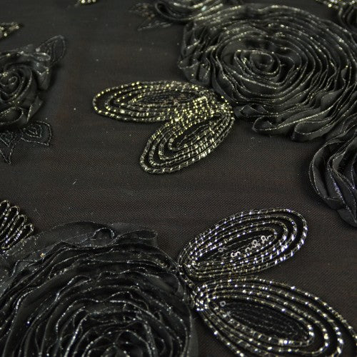 3D Black Rose Pattern with Silver Beading Black Lace Fabric