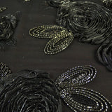 3D Black Rose Pattern with Silver Beading Black Lace Fabric