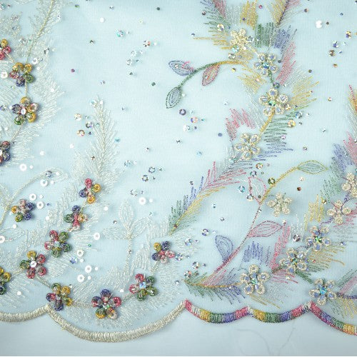 Floral and Feather Multi-color Pattern with Sequins Lace Fabric