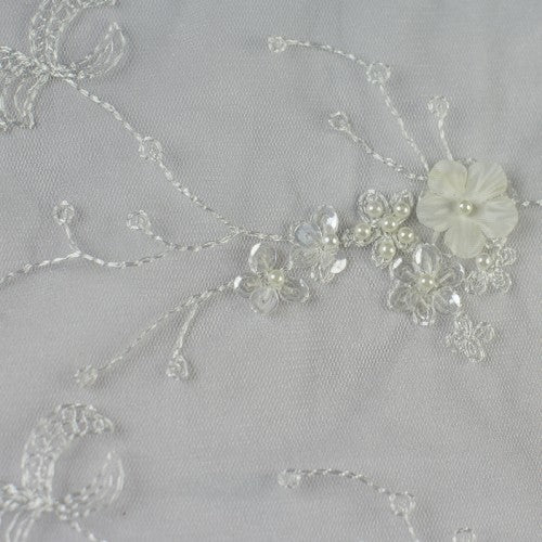 White Floral with Pearls and Sequins Lace Fabric