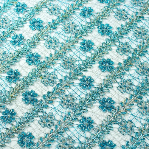 Striped Floral Pattern with Beads French Lace Fabric