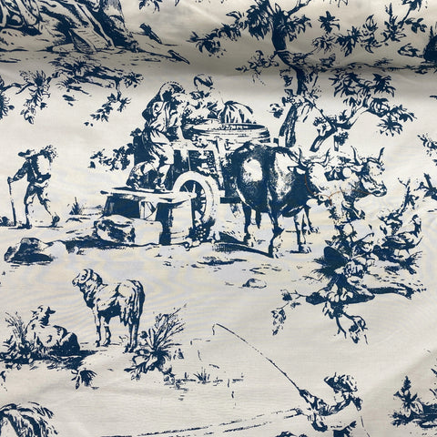 Navy Blue Farm Animal French Print on White Silk Shantung