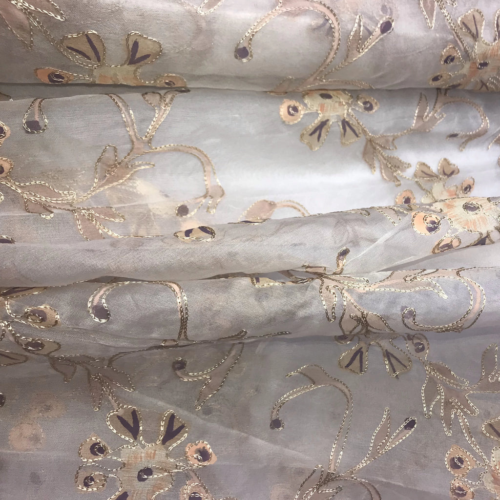 Hand Painted Floral Embroidery Silk Organza Embroidery