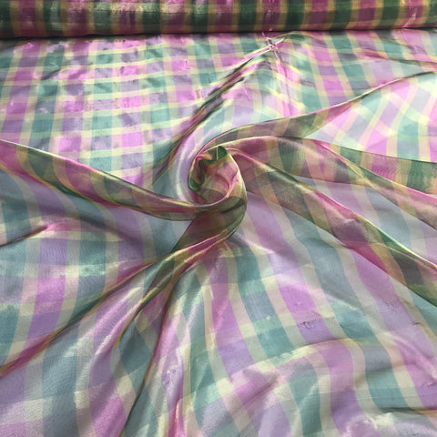 Metallic Check Pink and Green Pattern Silk Organza
