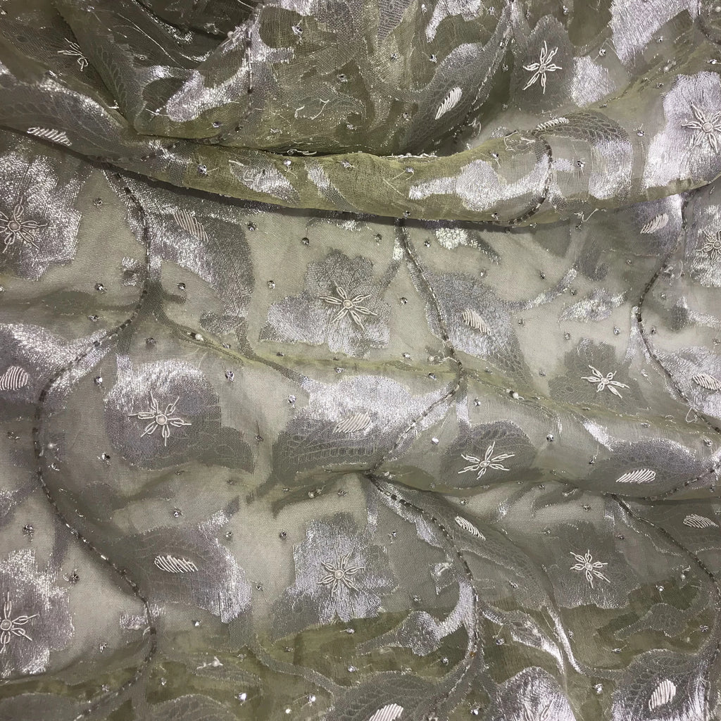 Silver Floral Pattern Silk Organza Embroidery
