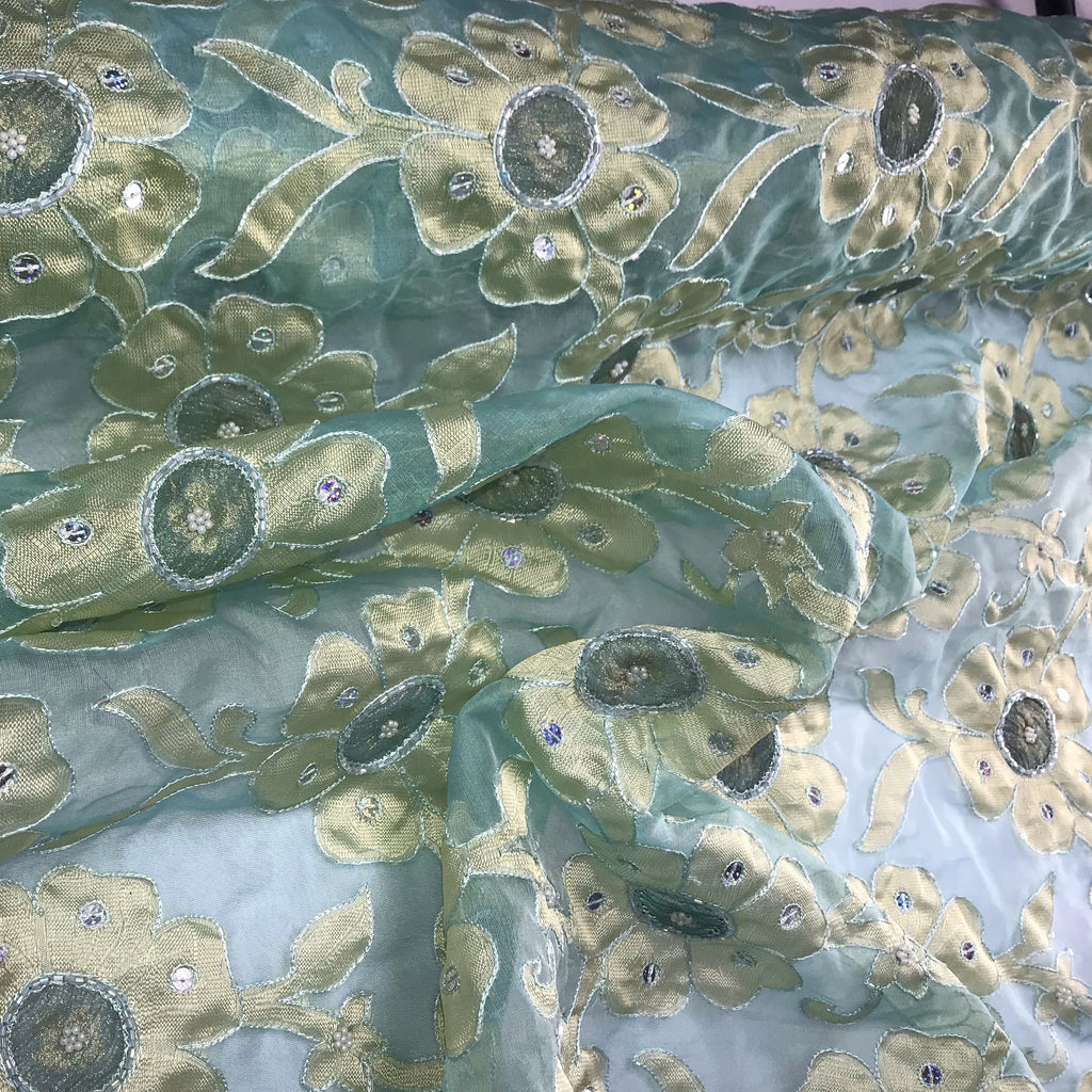 Thick Gold Floral Pattern Silk Organza Embroidery