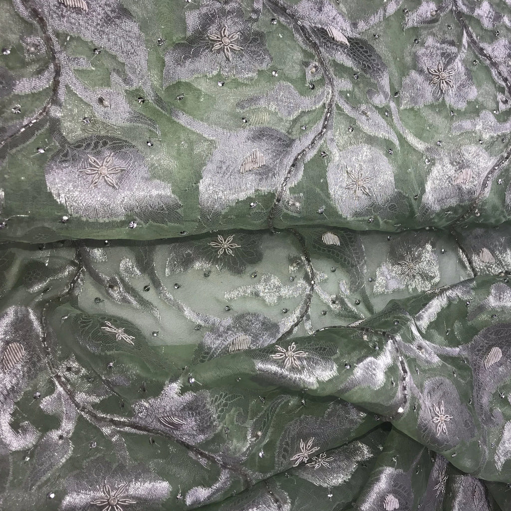 Silver Floral Pattern Silk Organza Embroidery