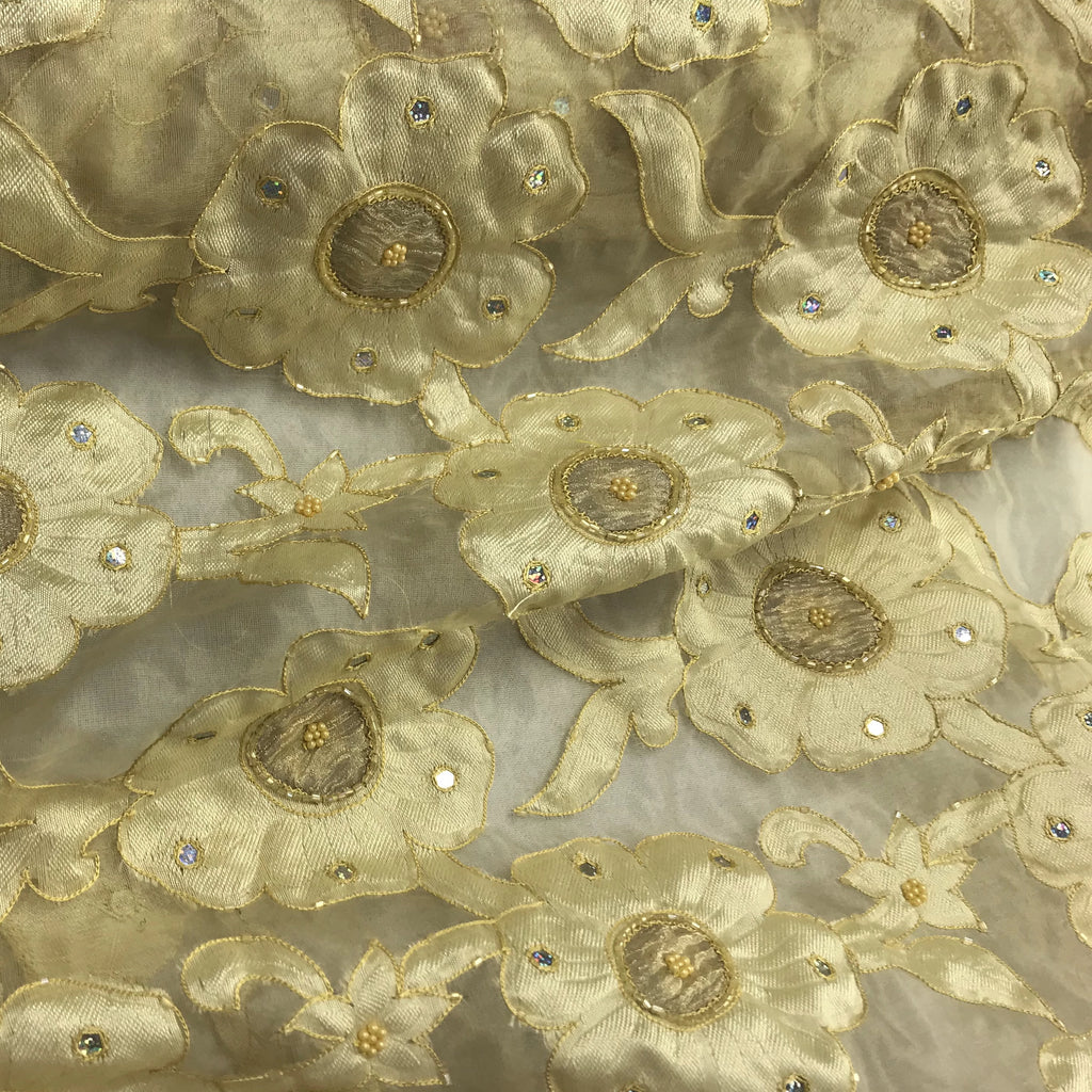 Thick Gold Floral Pattern Silk Organza Embroidery