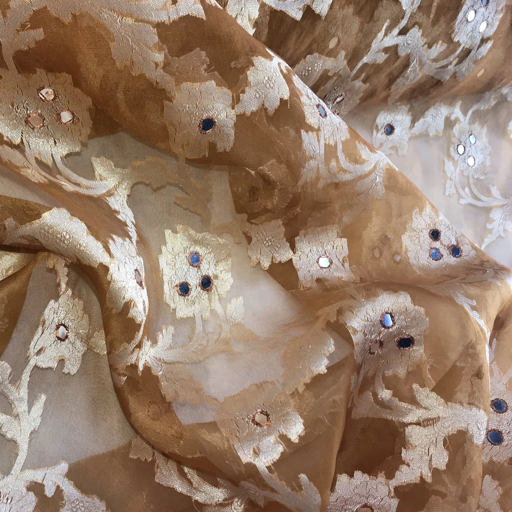 Large Floral Pattern With Mirrors Silk Organza Embroidery