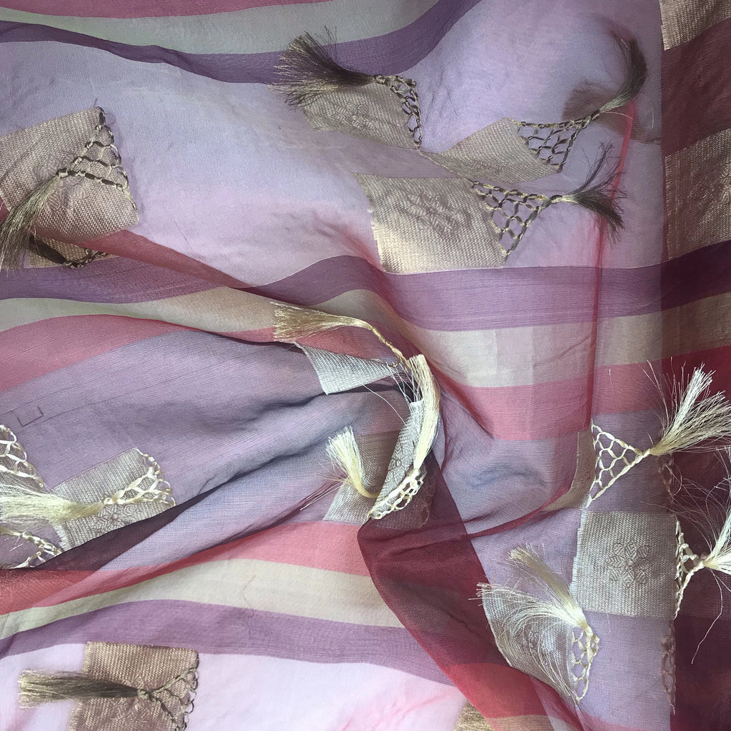 Burgundy, Red, and Gold Stripes with Gold, Criss-Cross Tassels Silk Organza Jacquard