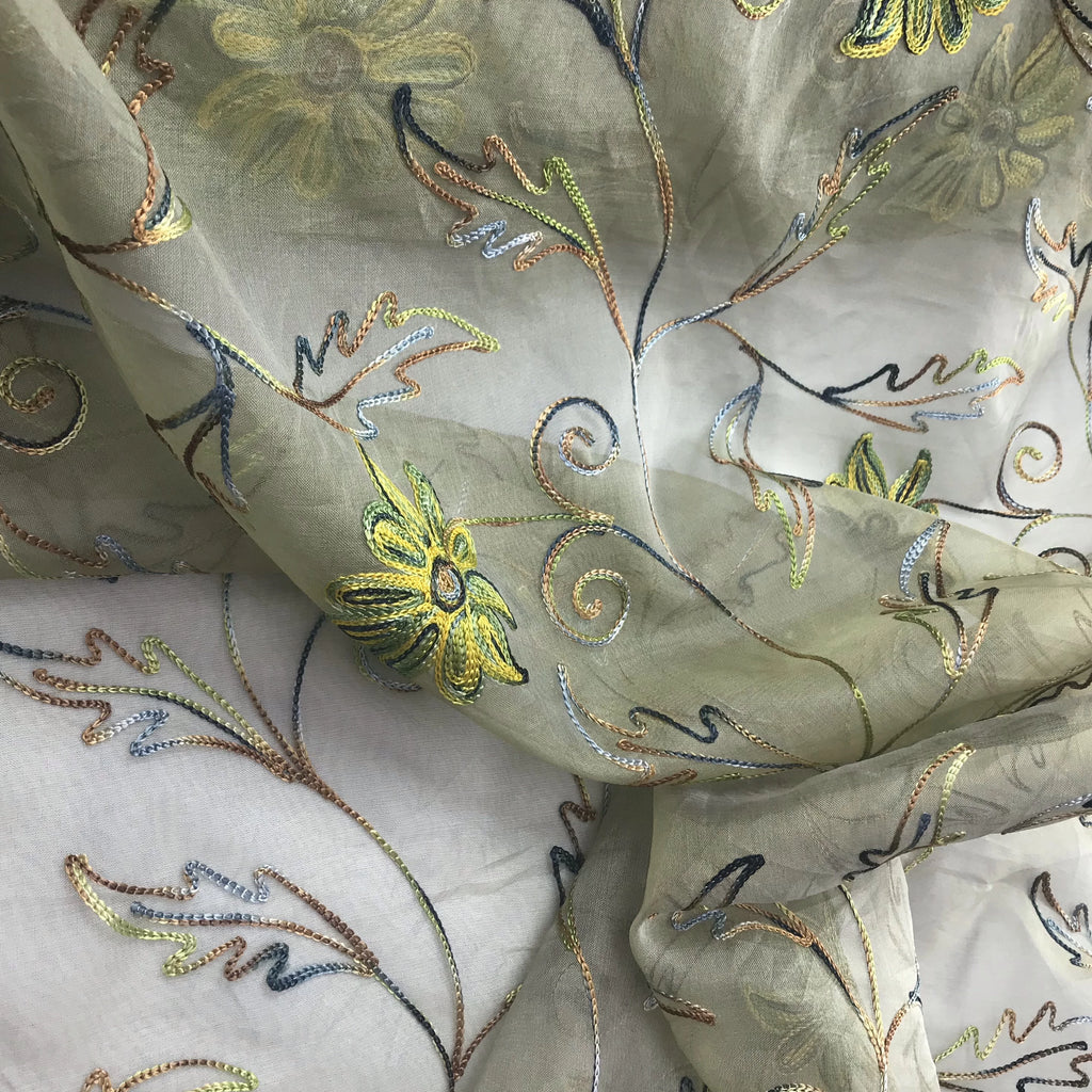 Multi-colored Floral and Leaf Design Silk Organza Embroidery
