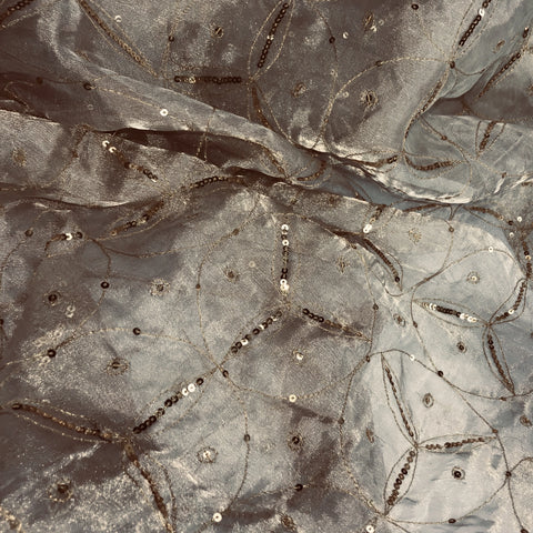 Circle with Three Leaves and Mirrors on Old Gold Silk Organza Embroidery