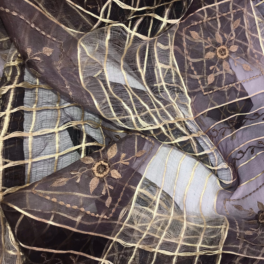 Gold Criss Cross Square Floral Pattern Silk Organza Embroidery