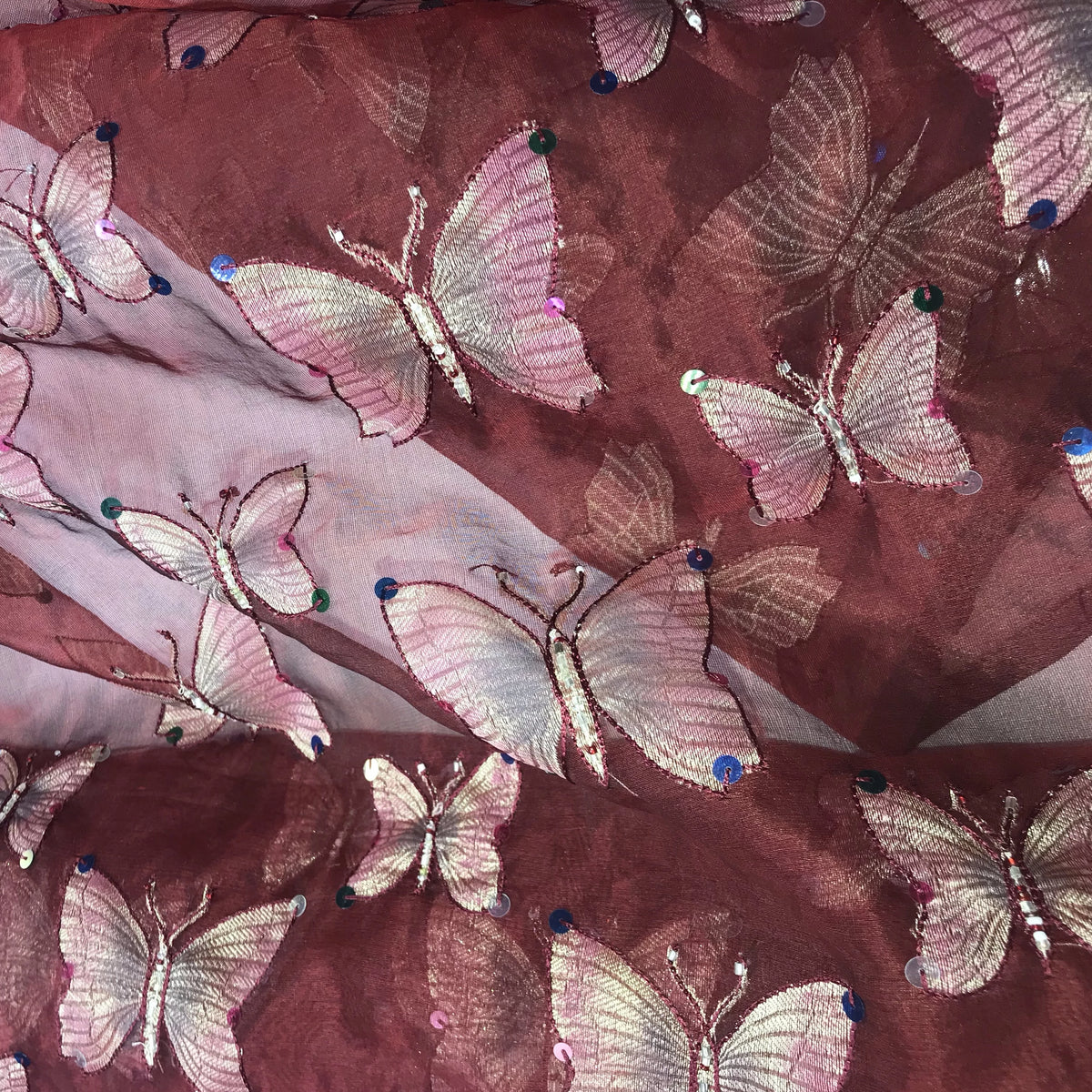 Butterfly Fabrics NYC Metallic Tissue Organza with Mirror Pattern Silk Organza Embroidery Red Gold