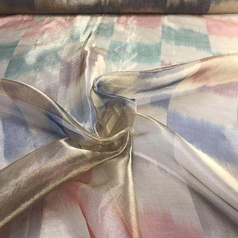 Metallic Pink, Blue, Brown, and Green Wave Pattern Silk Organza