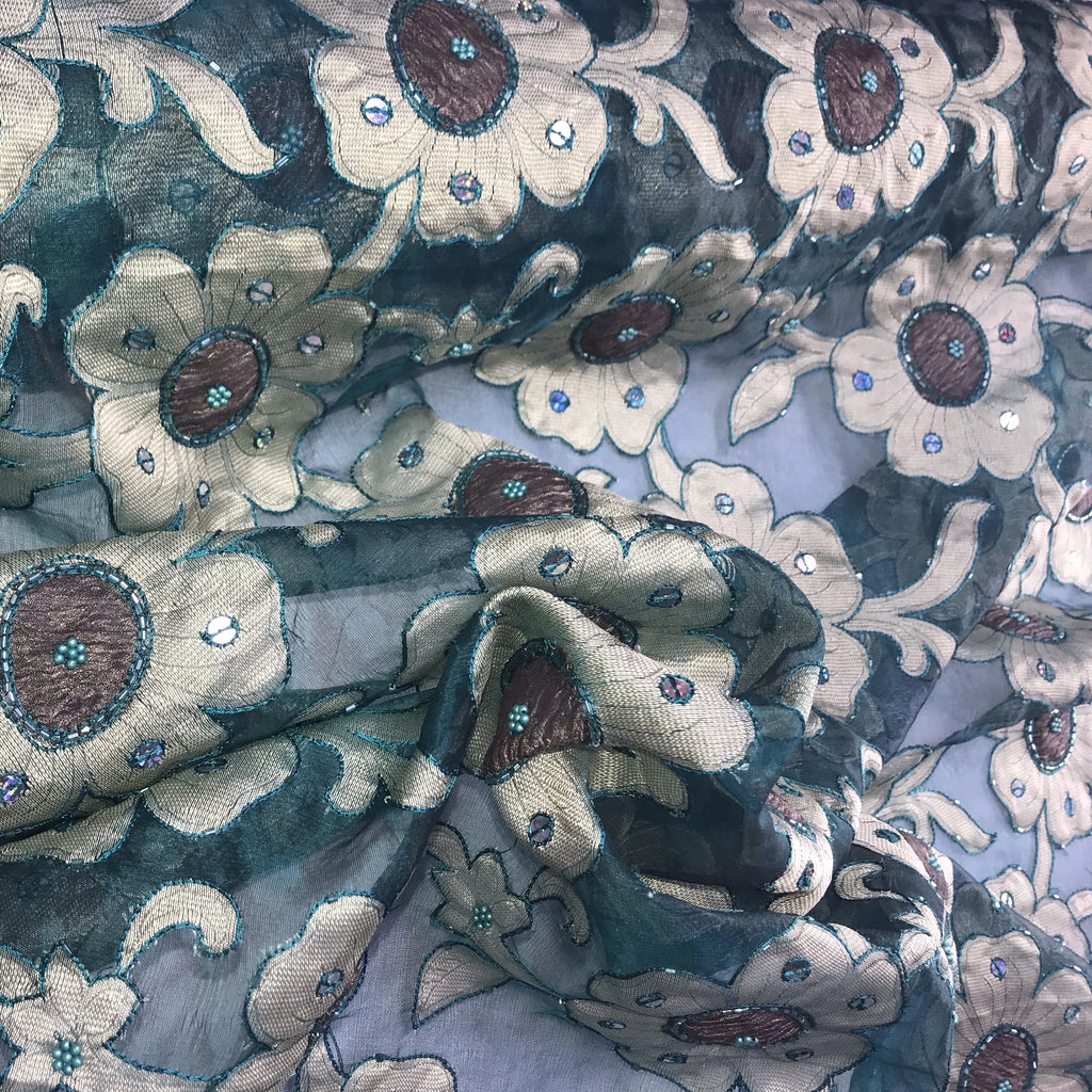 Thick Gold Floral Pattern Silk Organza Embroidery