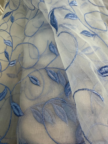 Organza white polyester with blue leafy Embroidery