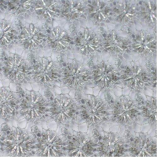 Silver Floral Design with Clear Beads Lace Fabric