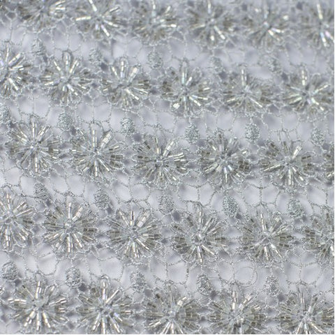 Silver Floral Design with Clear Beads Lace Fabric