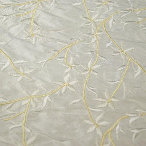 Yellow and White Floral Design on White Silk Shantung Embroidery