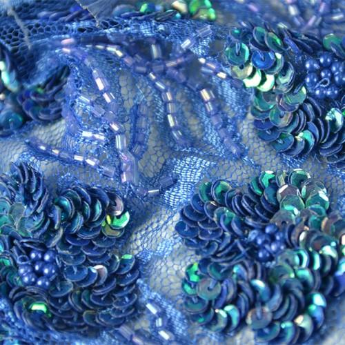 Cyan Blue Stretch Lace Fabric, Rose Floral Pattern