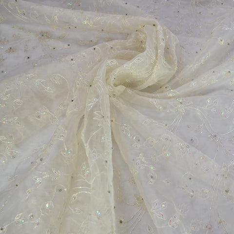 White Beading and Multi-colored Sequins Floral Design Silk Organza Embroidery