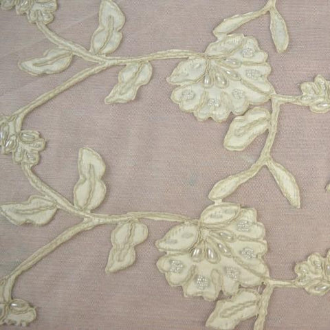 White Floral Pattern with Gold Accents Lace Fabric