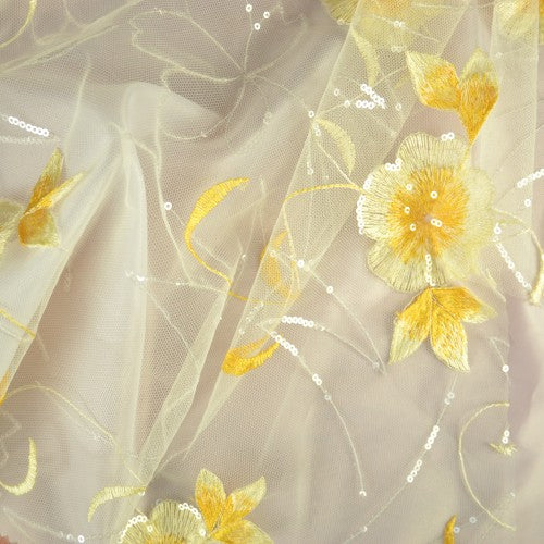 Yellow Flower Pattern with White Sequins Lace Fabric Butterfly Fabrics NYC Yellow Flower Pattern with White Sequins Lace Fabric Butterfly Fabrics NYC
