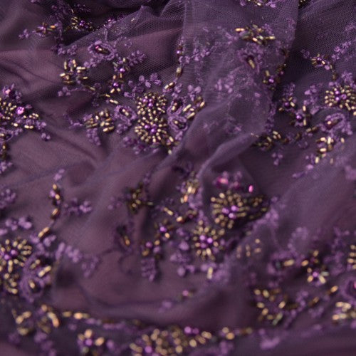 Purple and Gold Bead Embroidery Purple Lace Fabric