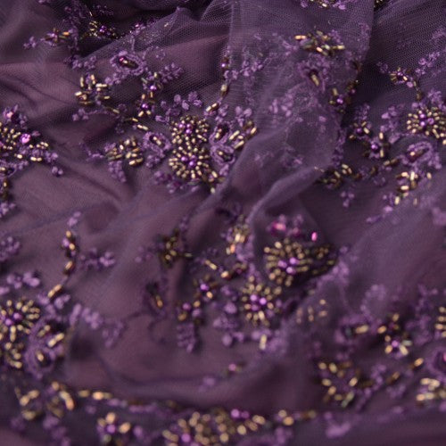 Purple and Gold Bead Embroidery Purple Lace Fabric Butterfly Fabrics NYC