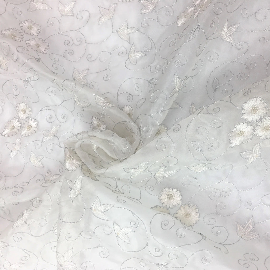 Floral Design with Silver Embroidery Silk Organza