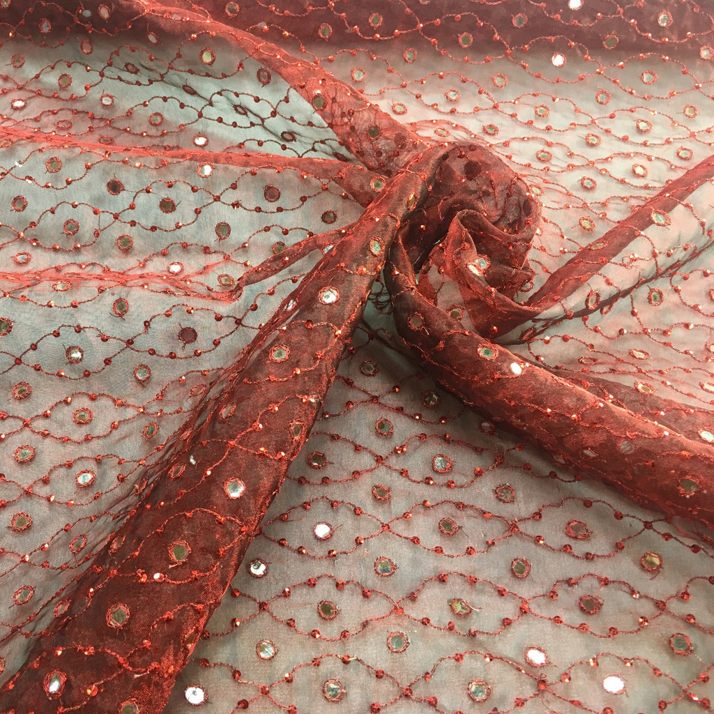 Butterfly Fabrics NYC Metallic Tissue Organza with Mirror Pattern Silk Organza Embroidery Red Gold