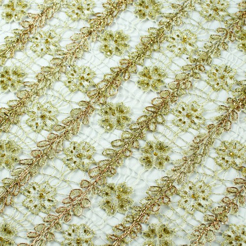 Striped Floral Pattern with Beads French Lace Fabric