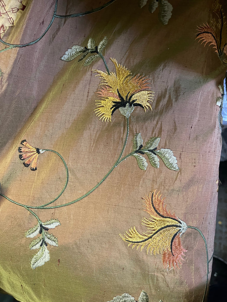 Feathery Flower Design Silk Shantung Embroidery