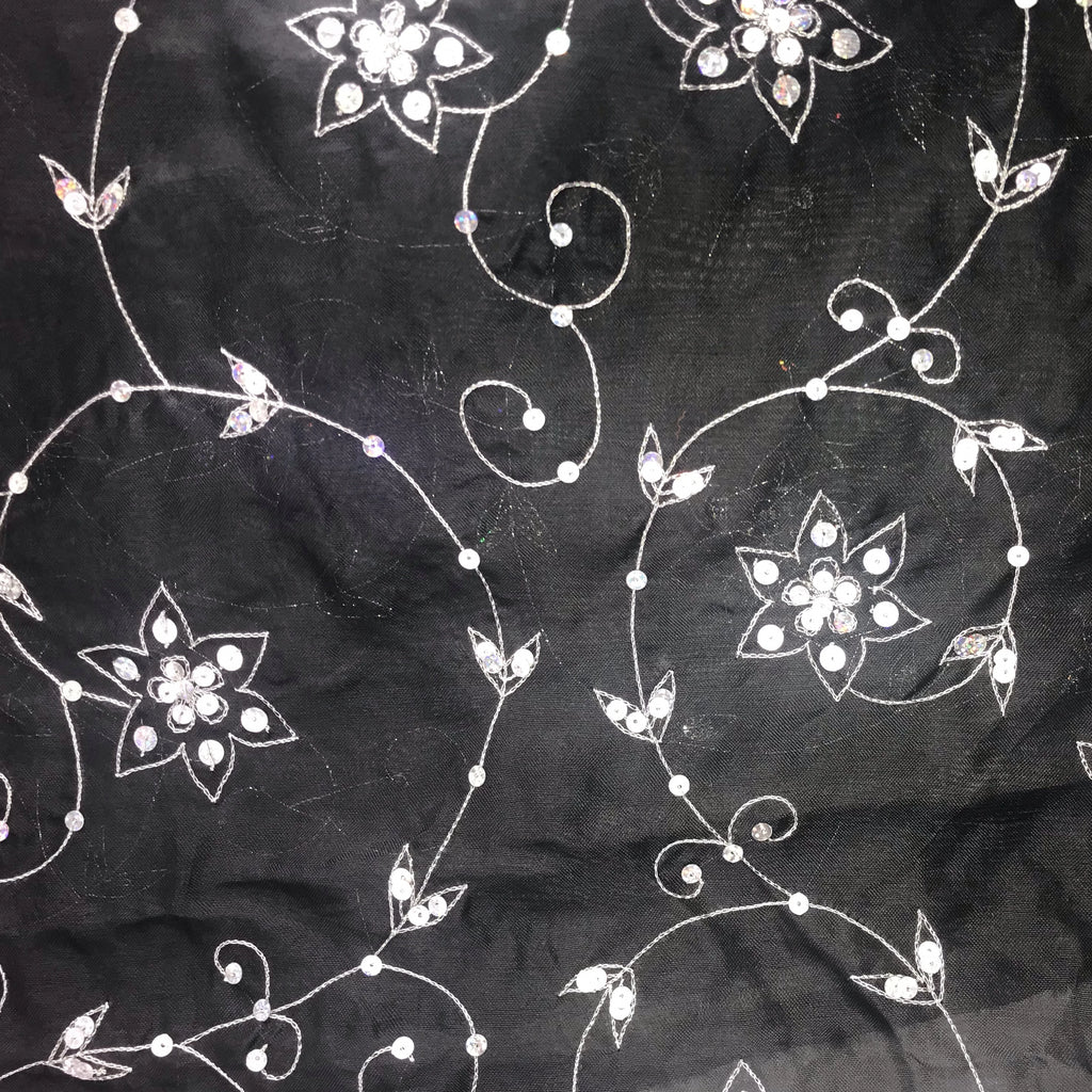 Silver Flower and Swirl Mirror Pattern on Black Silk Organza Embroidery