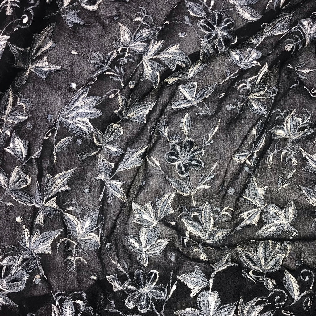 Pointy Flowers and Leaves Pattern on Black Silk Georgette Embroidery