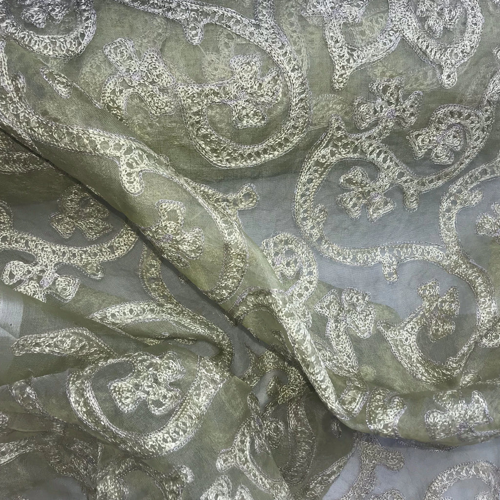 Silver Abstract Floral Pattern Silk Organza Embroidery