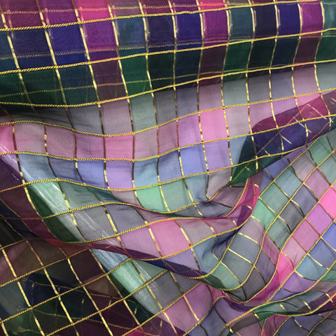 Multi-colored with Gold Cord Stripe Pattern Silk Organza Embroidery