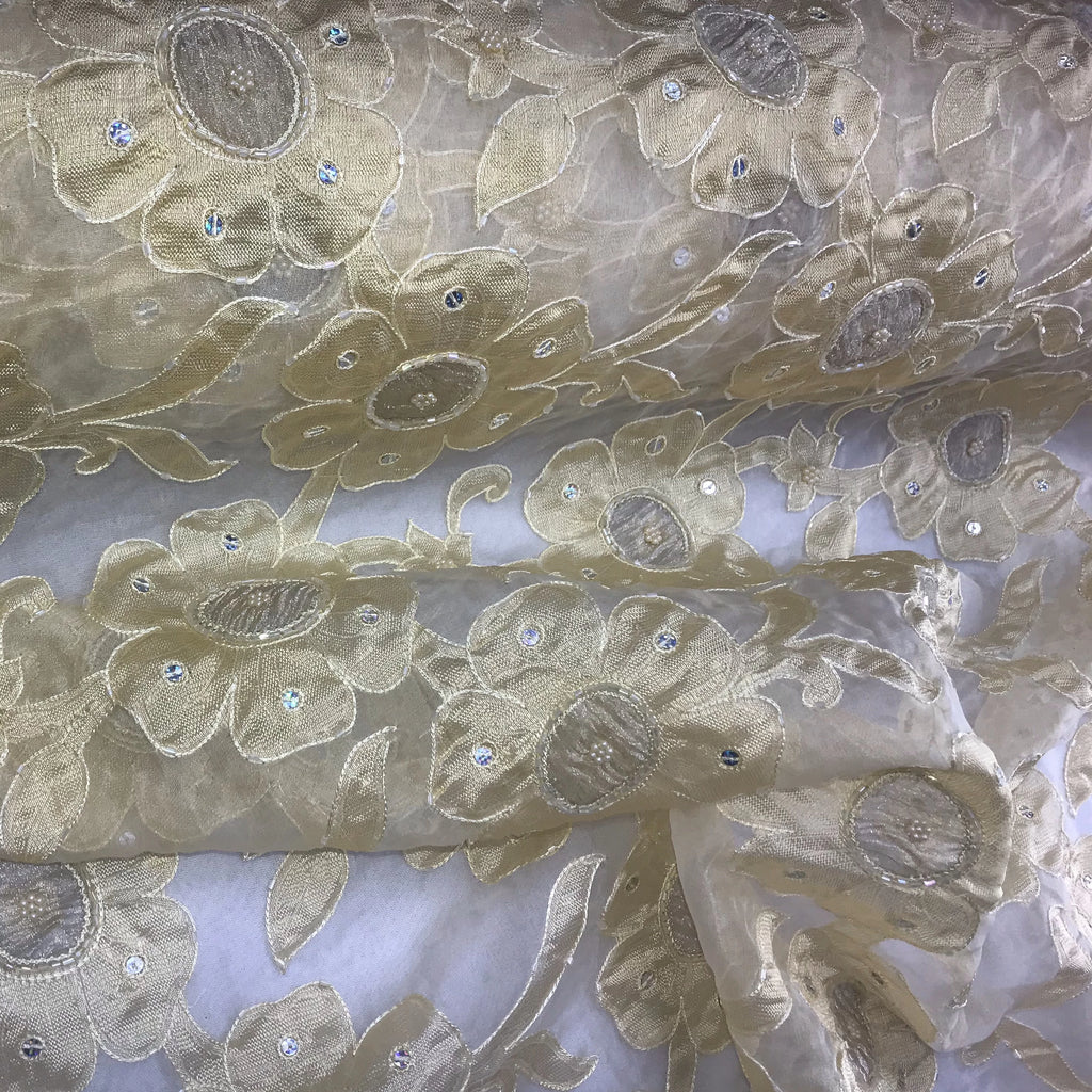 Thick Gold Floral Pattern Silk Organza Embroidery