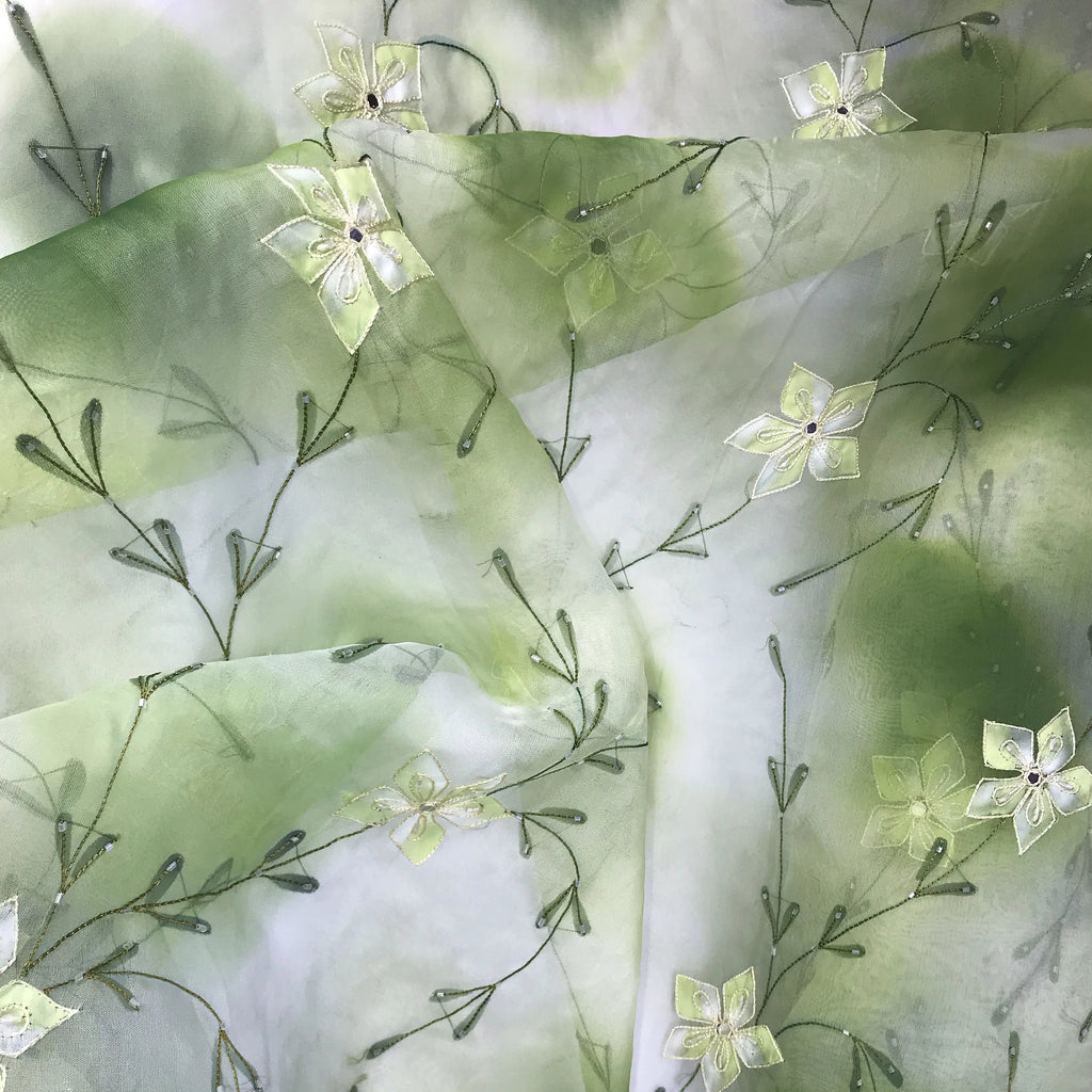 Green and White Tie Dye Floral Design Silk Organza Embroidery 45''