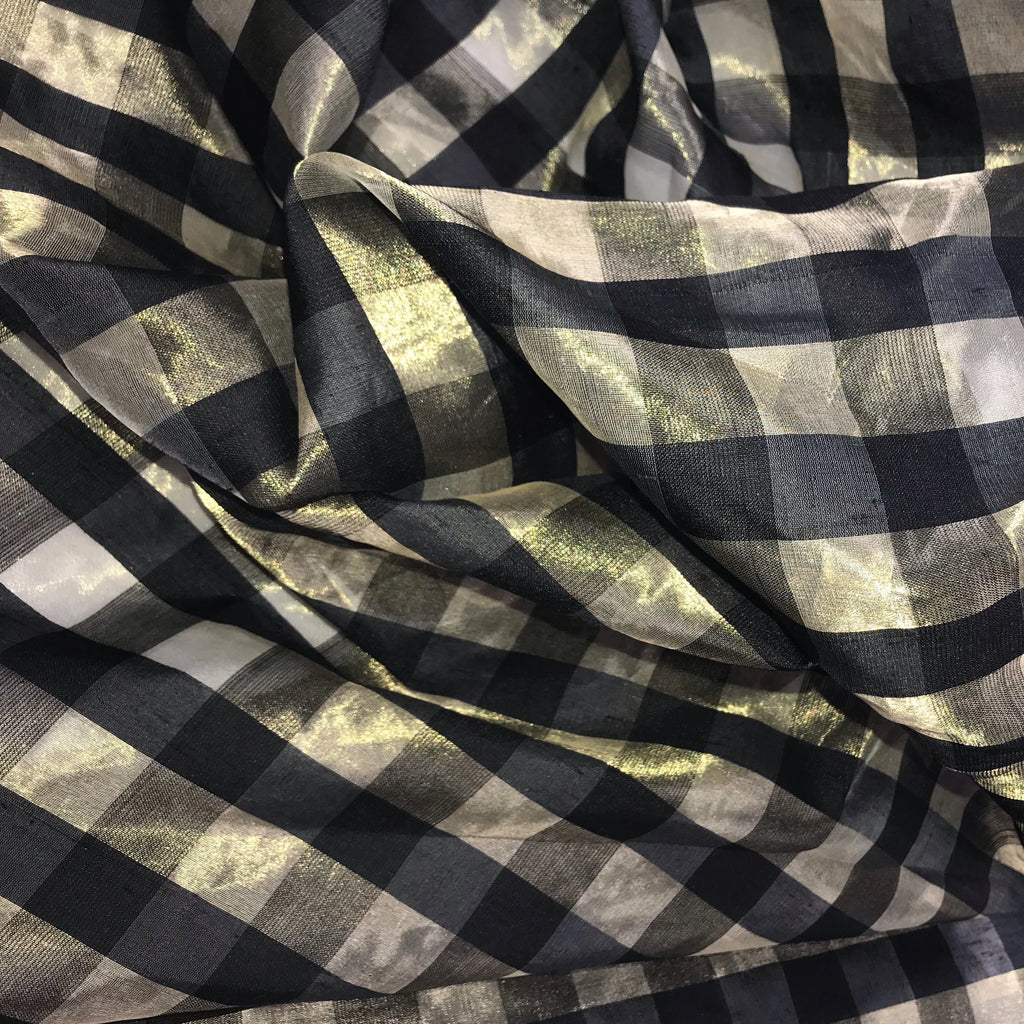 Black and Gold Metallic Check Pattern Silk Organza 45’’