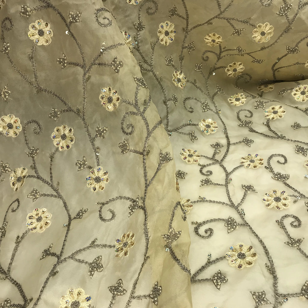 Gold Floral Handwork with French Knots Silk Organza Embroidery