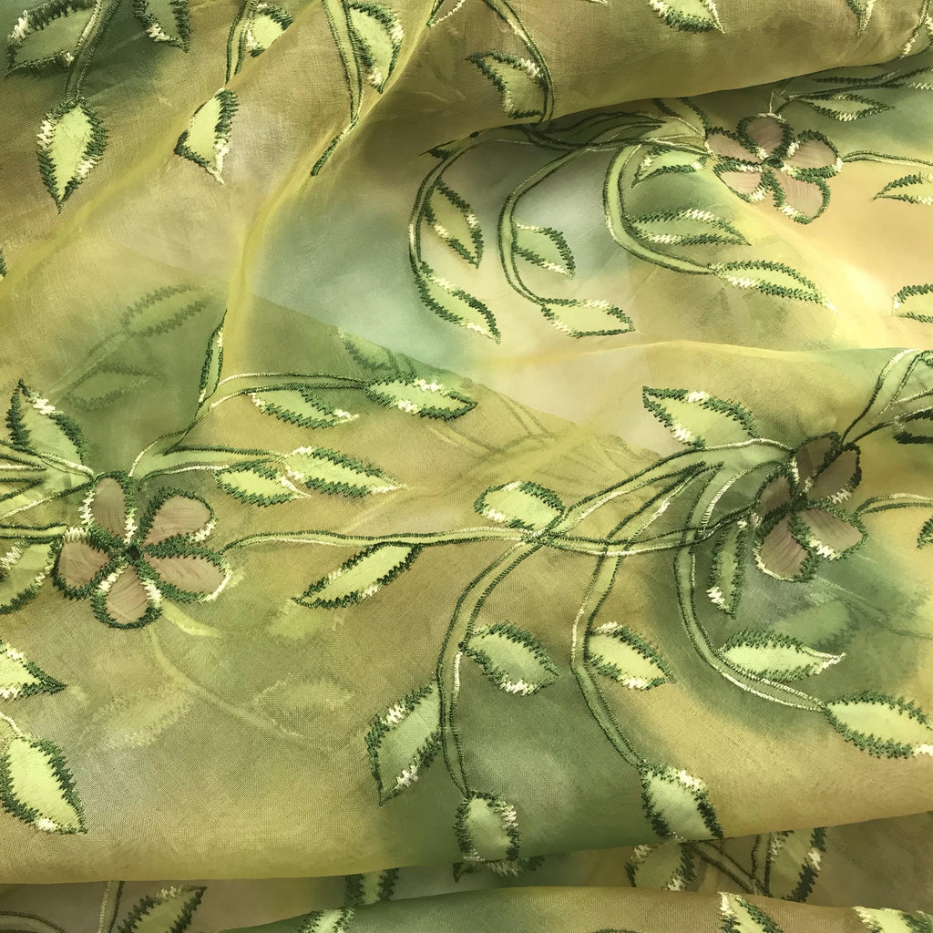 Green and Yellow Tie Dye Flowers Silk Organza Embroidery