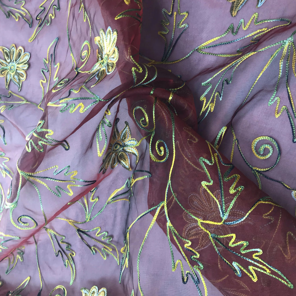Multi-colored Floral and Leaf Design Silk Organza Embroidery