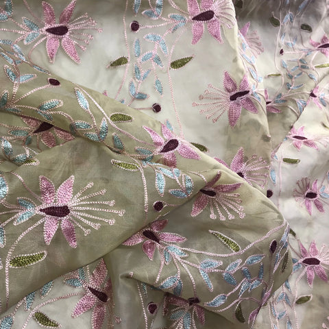 Buy White Pink and Green Floral Organza Silk Fabric for Best Price