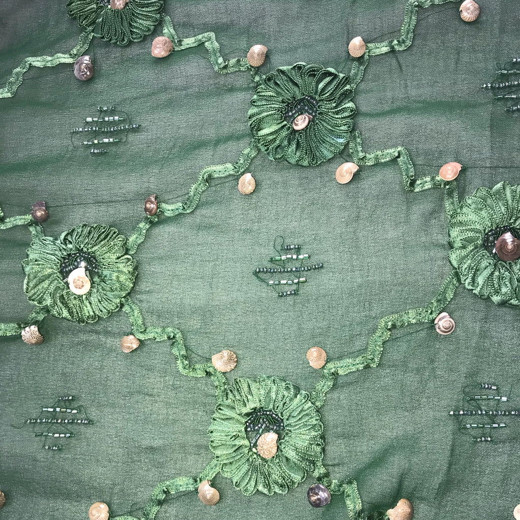 Floral Pattern with Seashells Silk Chiffon Embroidery